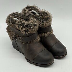 Sorel Joan Of Arctic Wedge Brown Leather Faux Fur Lined Ankle Boots Women Size 8